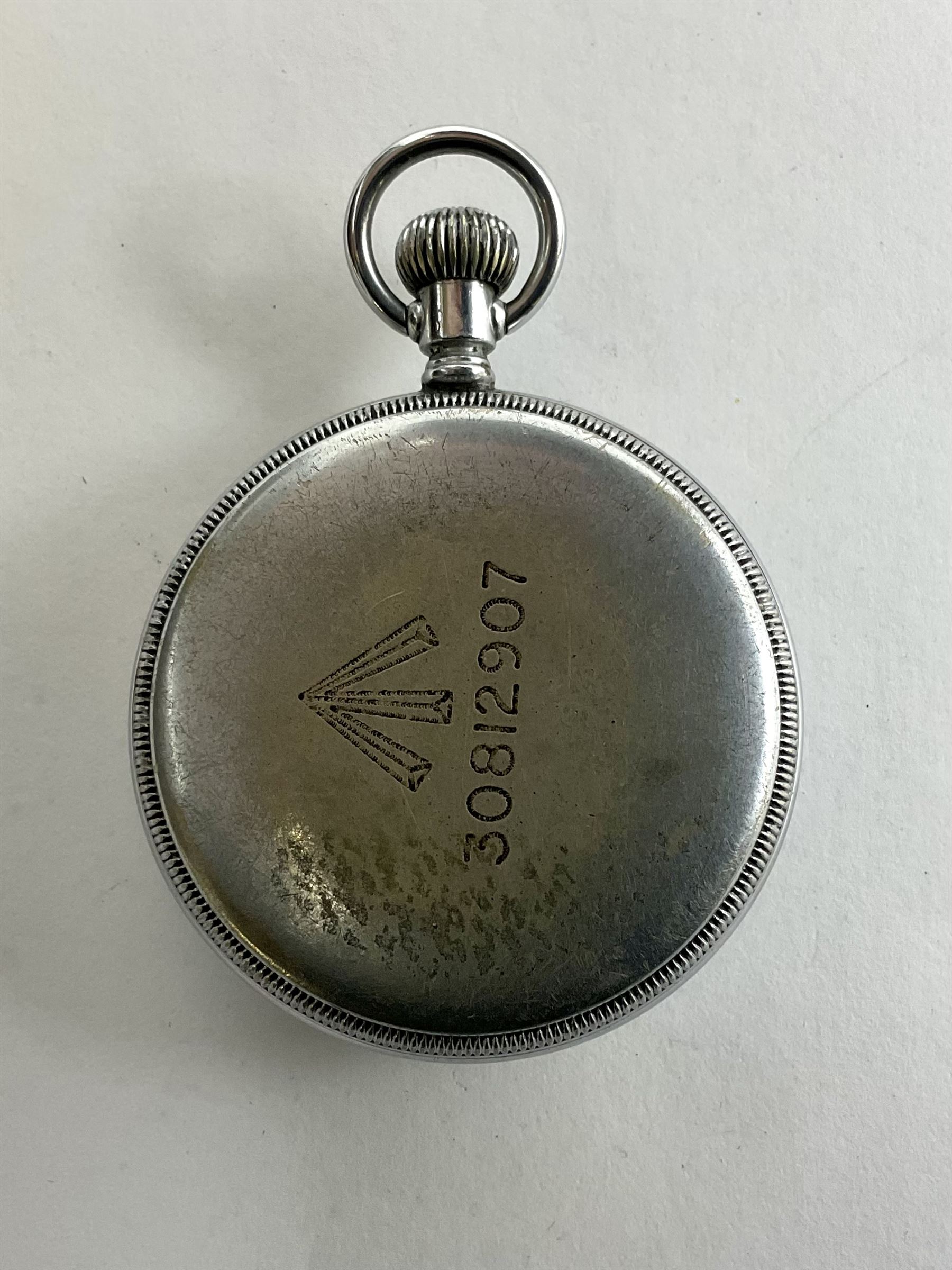 Waltham military open face pocket watch, with signed black dial and subsidiary seconds dial, the case back engraved with broad arrow and 30812907 