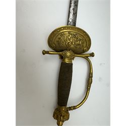 British Victorian court sword, the L79cm straight narrow blade with etched decoration and marked Hill Brothers -3- Old Bond St London, in steel scabbard, L100cm 