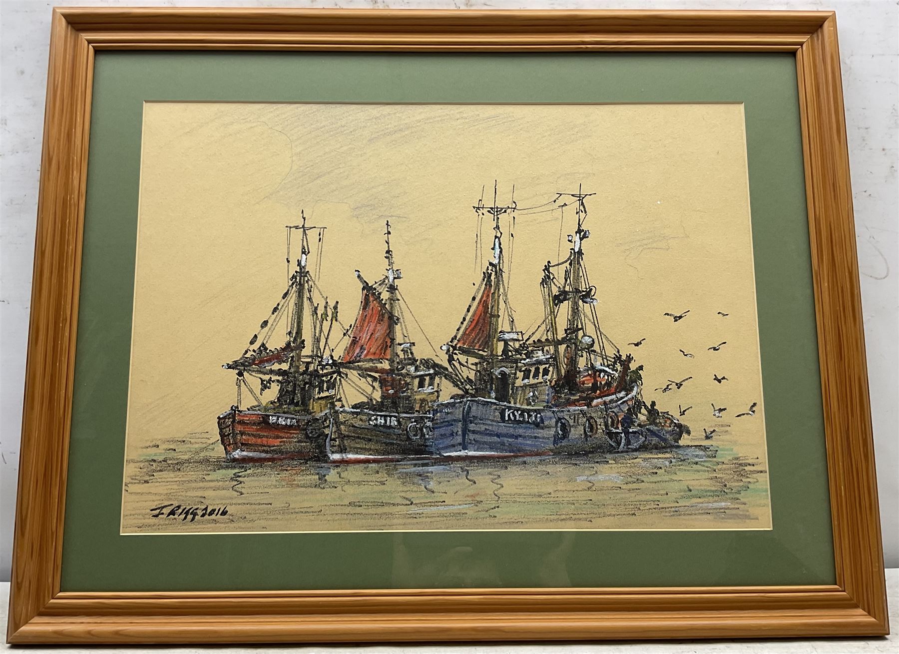 Jack Rigg (British 1927-2023): Trawlers at Rest off Scarborough, coloured pencil and ink signed and dated 2016, 36cm x 52cm