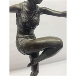 Art Deco style bronze, after Philipp, modelled as a dancer with her arms outstretched and one leg raised, on a veined marble tapering base signed Philipp and with foundry seal, H58cm