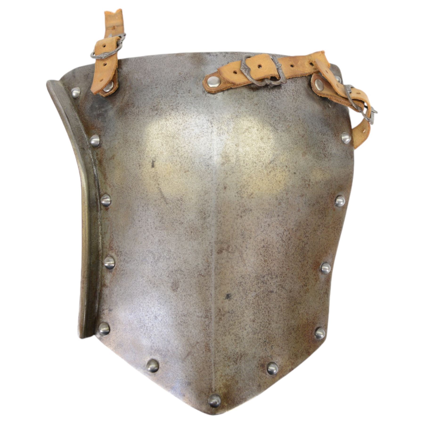 20th Century replica of a continental Cuirass body armour, comprising of breastplate and two leg guards with leather straps