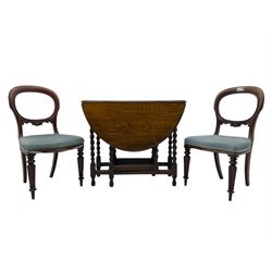 Pair of Victorian mahogany balloon back dining chairs (W49cm); 20th century oak drop-leaf ...