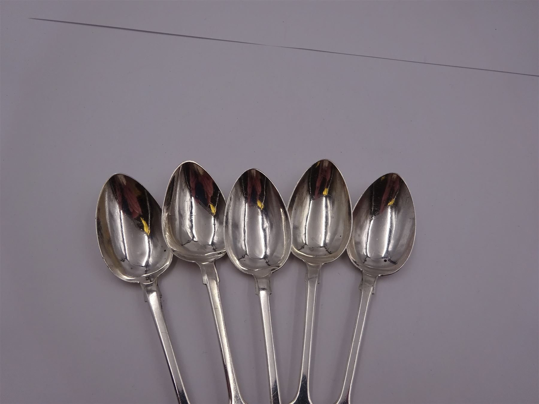 Set of five Victorian Newcastle silver Fiddle pattern teaspoons, each with engraved monogram to finial, hallmarked Thomas Sewell I, Newcastle 1854