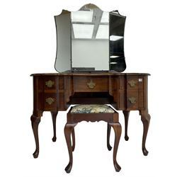 Early 20th century Dutch design mahogany kidney-shaped dressing table, raised triple mirror back, fitted with central frieze drawer flanked by four graduating drawers, on cabriole supports, with stool