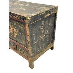 19th century Chinese Qing dynasty painted elm cupboard, Shanxi province, two double cupboards enclosed by doors painted with figure and flower heads, fitted with four small drawer, on stile supports 