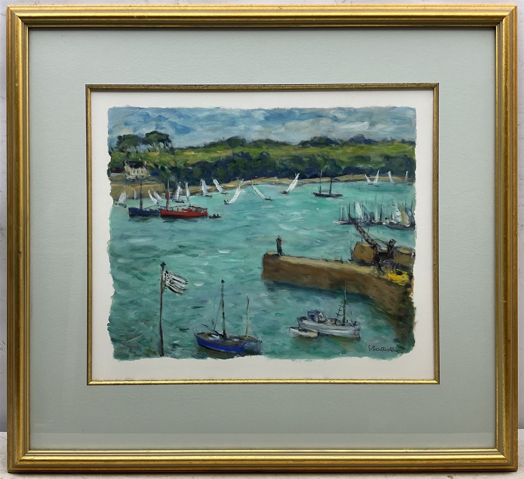 Eric Battista (French 1933-): 'Regatta Trieux Brittany France', oil on paper signed, titled verso 43cm x 51cm