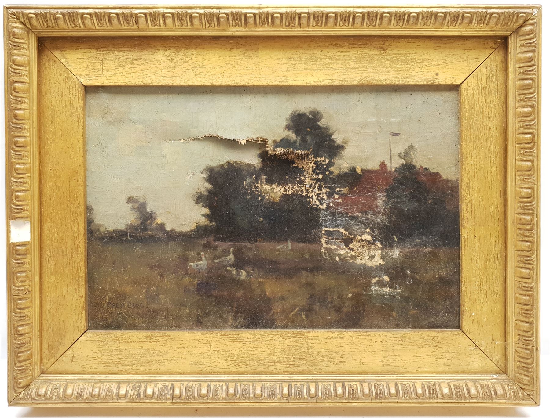 Frederick (Fred) Dade (British 1874-1908): 'Evening Reed Farm', oil on canvas signed, titled with artist's address 'Paradise Scarborough' verso 19cm x 29cm (a.f.)
Provenance: from the estate of Christine Dexter and by descent from Frank Henry Mason's sister Eleanor Marie (Nellie). Fred was a keen yachtsman and together with his brother Ernest and Frank Mason were founder members of Scarborough Yacht Club in 1895