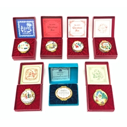 A collection of seven boxed Bilston and Battersea, and Halcyon Days enamel boxes, comprising Halcyon Days Christmas 1981, 1982, and Bilston and Battersea Christmas 1976, 1977, 1979, 1980, each with certificate of authenticity, and a boxed Bilston and Battersea Seasons example.