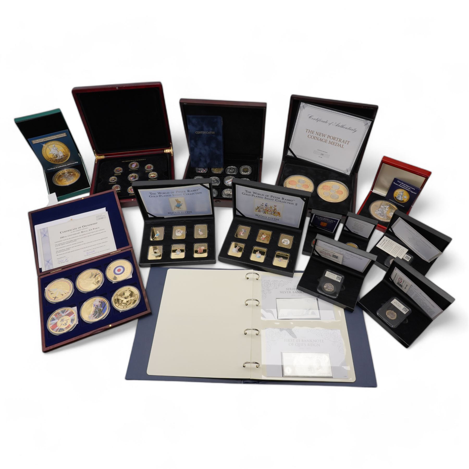 Commemorative coins, medallions, sets and part sets, including 2015 'The New Portrait Coinage Medal' and 'The Fourth Portrait Coinage Medal', various five pound coins, first and second 'The World of Peter Rabbit Gold-Plated Ingot Collection', Tristan Da Cunha 2012 'Super Crown to celebrate the Thames Diamond Pageant', 'The Changing Face of Britain's Coinage Golden Edition' etc