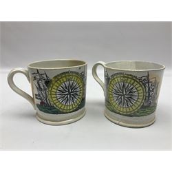 Two Staffordshire mugs, both depicting 'The Mariner's Compass' to body, with lustre decoration, the first example with 'The Sailor's Tear' quote verso, the second with 'The Sailor's Farewell', tallest H10cm