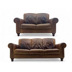 Contemporary three-seat sofa, in brown distressed leather with rolled arms and panelled ba...