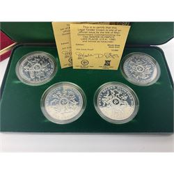 Queen Elizabeth II Isle of Man 1980 'Commemorating the 1980 Olympics' silver proof crown four coin set and 1979 '1000th Anniversary of Tynwald' silver proof crown five coin set, both sets cased with certificates 