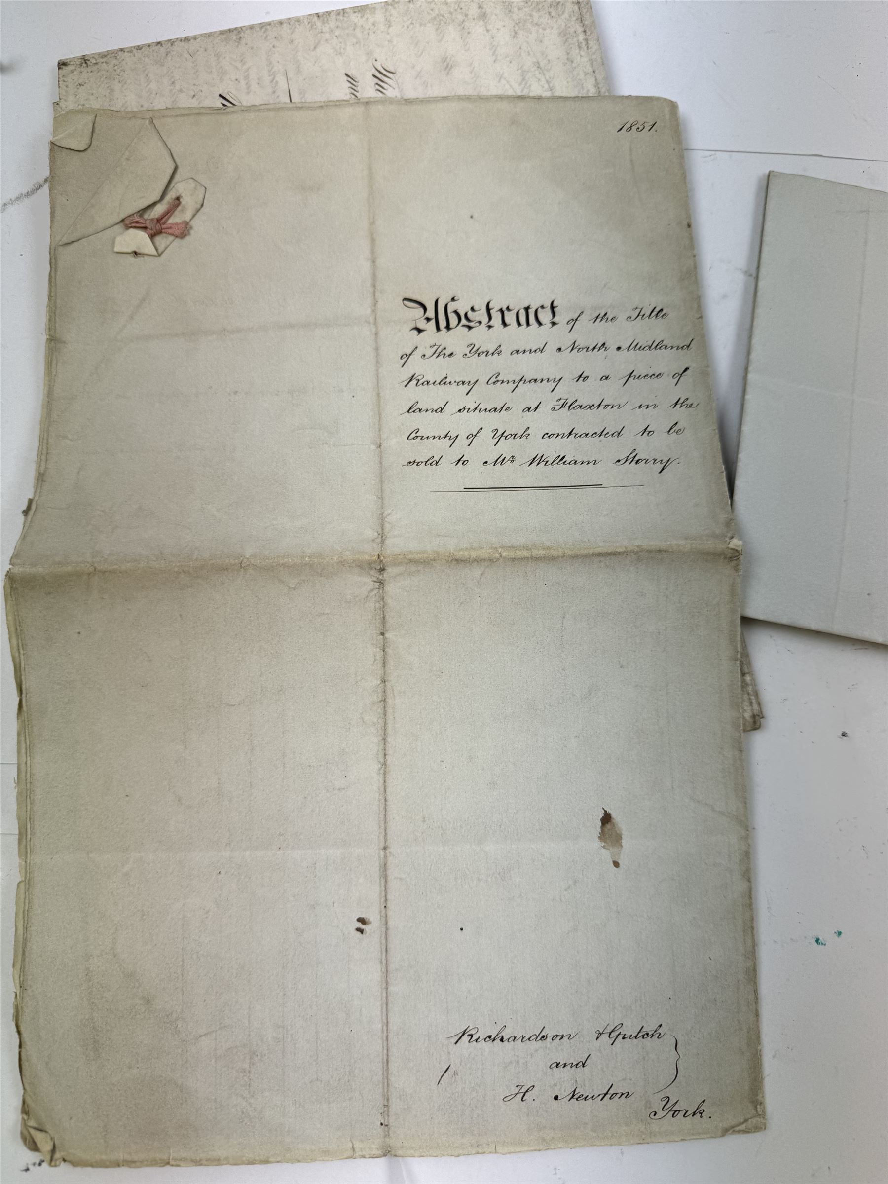 Indenture and correspondence relating to 1851 purchase of land for Scarborough and York railway at Flaxton