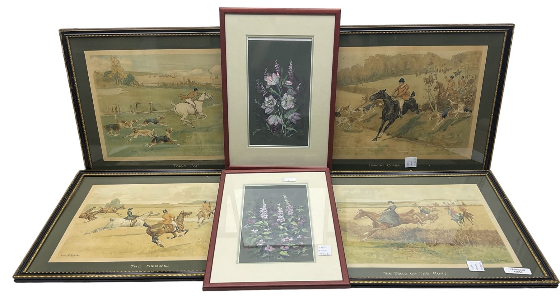 H White (British 20th Century): Purple Flowers, pair gouaches signed together with four hunting prints after Lionel D Edwards (6)