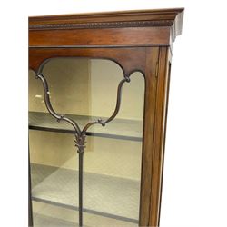 Early 20th century mahogany straight-front display cabinet, projecting moulded cornice over two astragal glazed doors with lower panels, on cabriole supports 