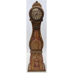  Modern French table top longcase clock, of small proportions, distressed finish case with printed front & quartz movement, the face printed 'Cafe De La Gare', H71cm   