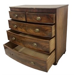 George III mahogany bow-front chest, fitted with two short over three long graduating cock-beaded drawers, on compressed bun feet