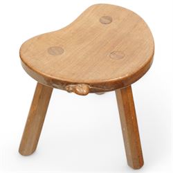 Mouseman - oak three-legged stool, dished kidney-shaped seat on three octagonal splayed su...