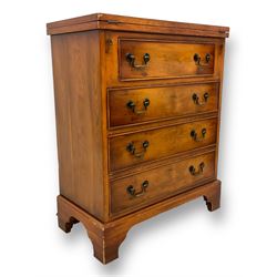 Georgian design yew wood bachelor's chest, fold-over rectangular top supported by pull-out stays, fitted with four long cock-beaded drawers, on bracket feet