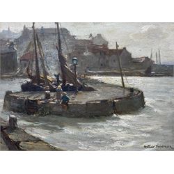 Arthur A Friedenson (Staithes Group 1872-1955): Children Fishing 'Pittenweem Harbour Fifeshire', oil on panel signed, titled and signed verso 25cm x 34cm