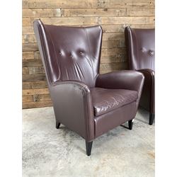 3 x Wing back armchair upholstered in cocoa brown leather