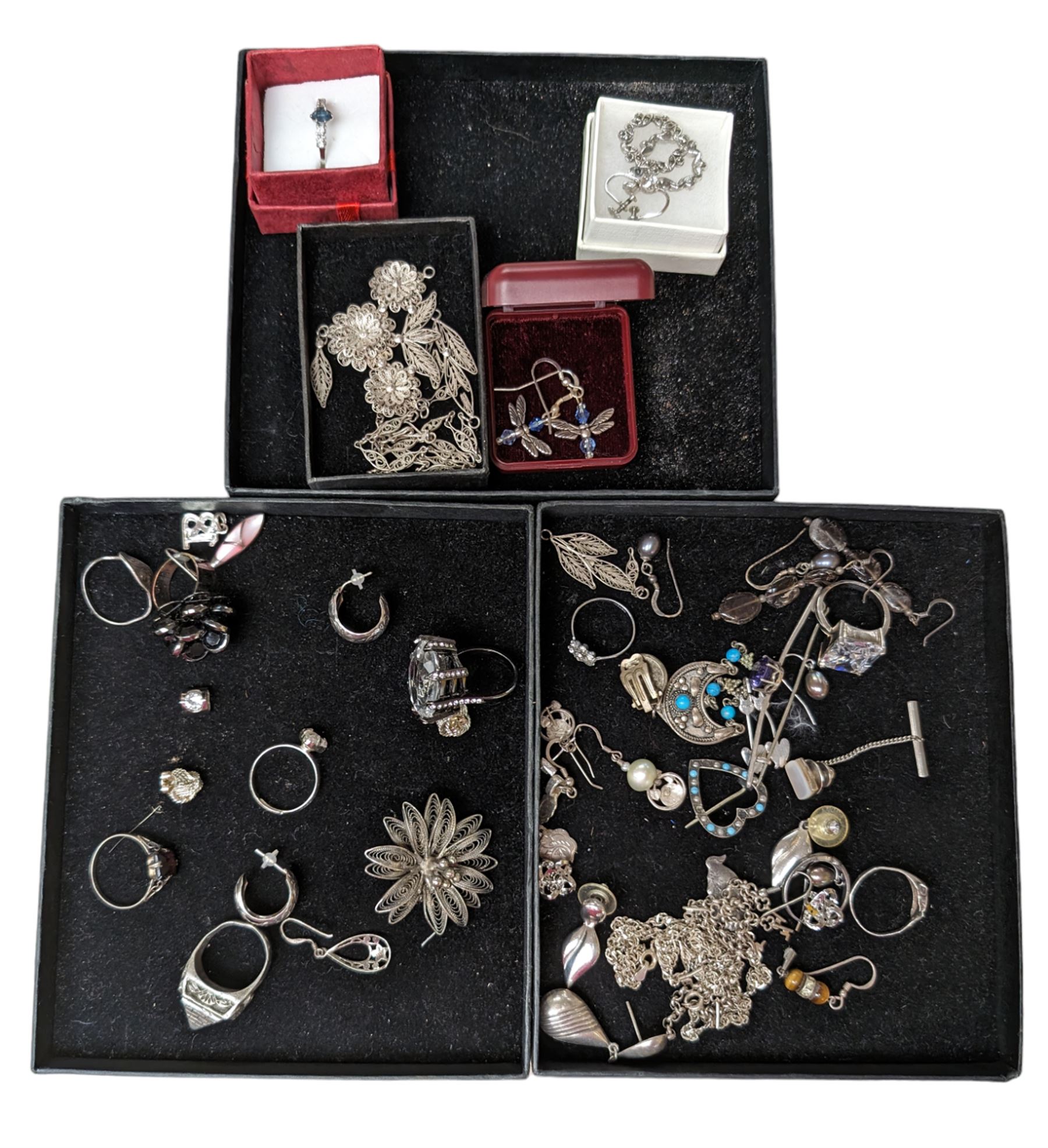 Silver and costume jewellery, including earrings, rings, brooches, etc