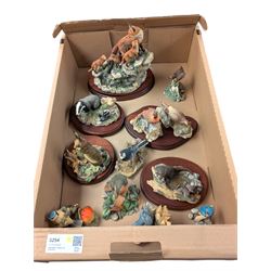 Collection of Border Fine Arts figures, including fox family playing on rocks, Nuthatch, b...