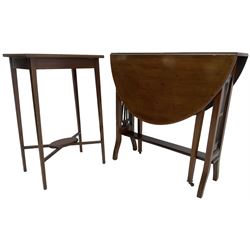 Edwardian inlaid mahogany rectangular occasional table (45cm x 31cm, H72cm); Edwardian mahogany drop-leaf Sutherland table (76cm x 92cm x 74cm)