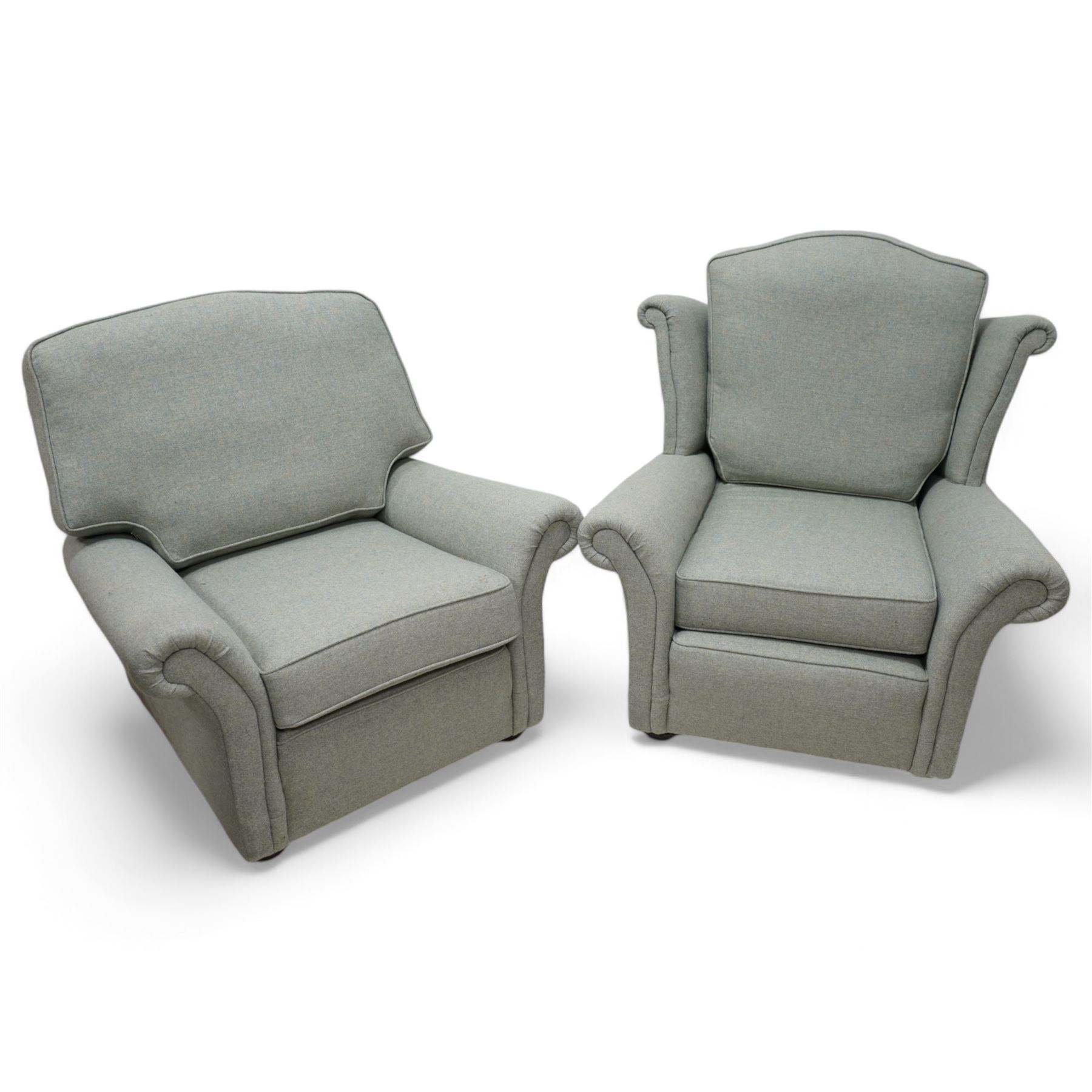 Pair of Georgian design 'his and hers' armchairs, upholstered in Abraham Moon herringbone tweed fabric, the ladies with scrolled wingback decoration over rolled arms, raised on compressed bun feet 