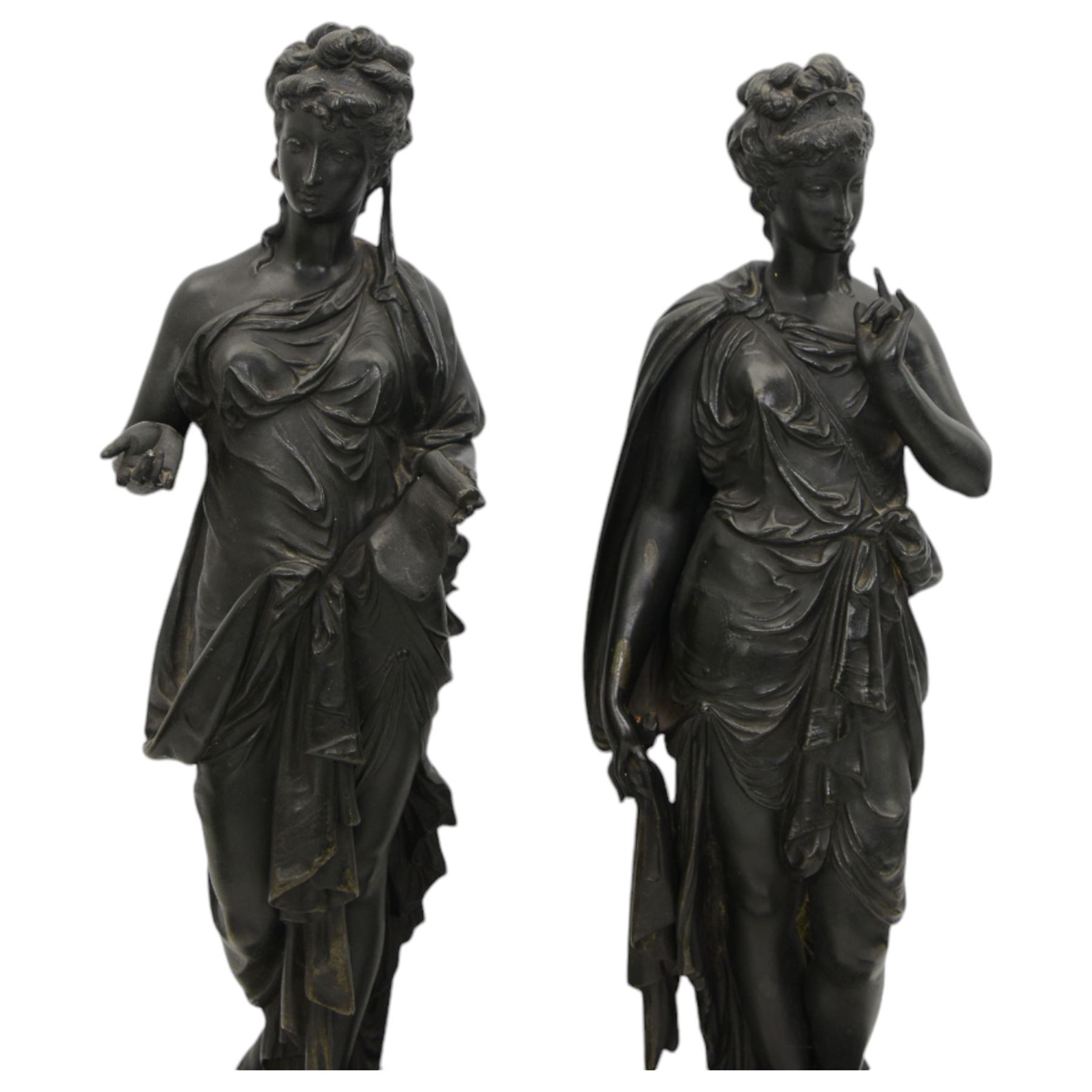 Pair of 19th century French spelter figures 'Eloquentia' and 'Prudentia' on wooden bases H52cm