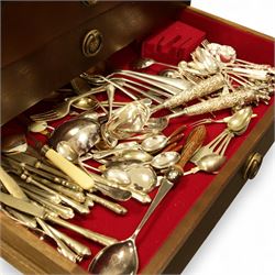 George Butler & Co. canteen of silver plated cutlery, for eight persons, plus additional cutlery, including a set of six silver teaspoons, pair of white metal salad servers and various silver-plated and brass flatware, in a three-drawer mahogany canteen case raised on cabriole legs