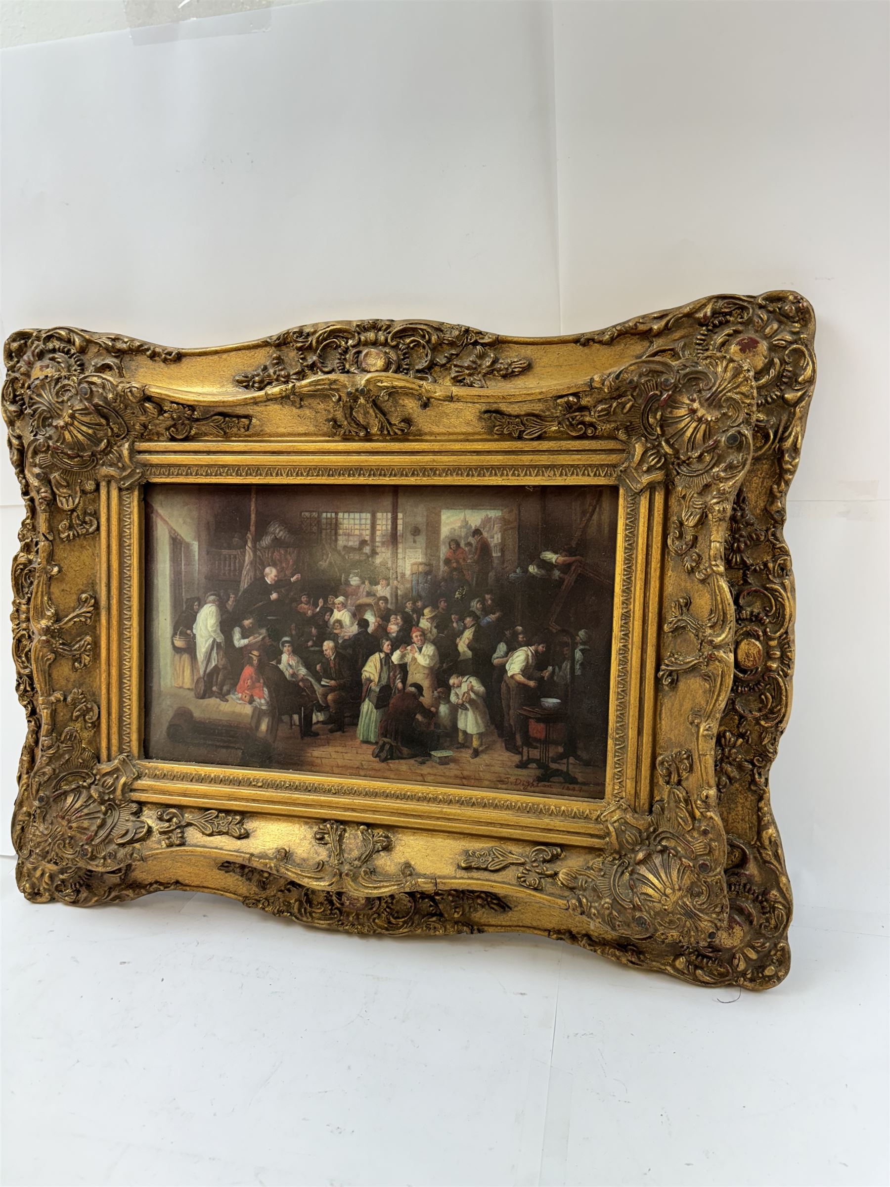 Transfer print on porcelain tile decorated with a market scene, signed lower right and stamped Vienna verso, set in a heavy gilt frame, H41cm, L54cm