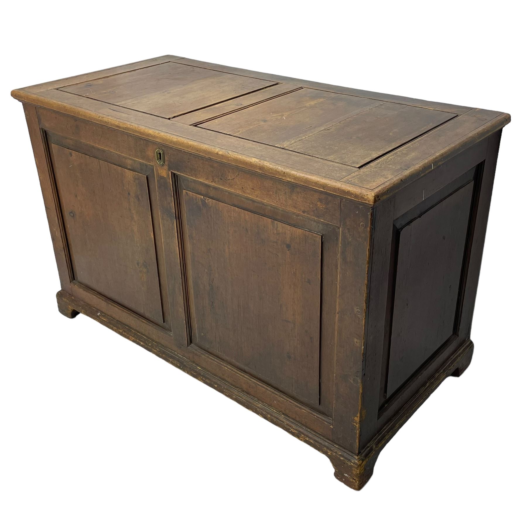 19th century pine blanket chest, double panelled hinged lid over panelled front and sides, on bracket feet