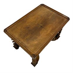 19th century William and Mary design figured walnut lamp or side table, rectangular tray top, cushion frieze fitted with single drawer, raised on open spiral turned supports united by curved x-frame stretcher, on bun feet