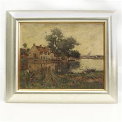 Harold Waite (British 1870-1939): Riverside Cottage with Boats, oil on canvas signed 35cm x 45cm