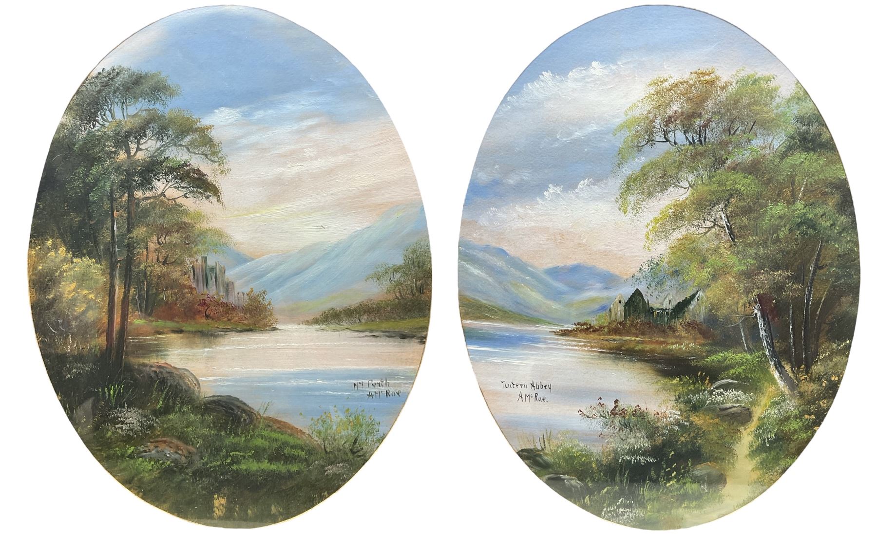 A McRae (British 20th Century): 'Tantern Abbey' and 'Near Perth' landscapes, pair oils on board 42cm x 32cm (2)