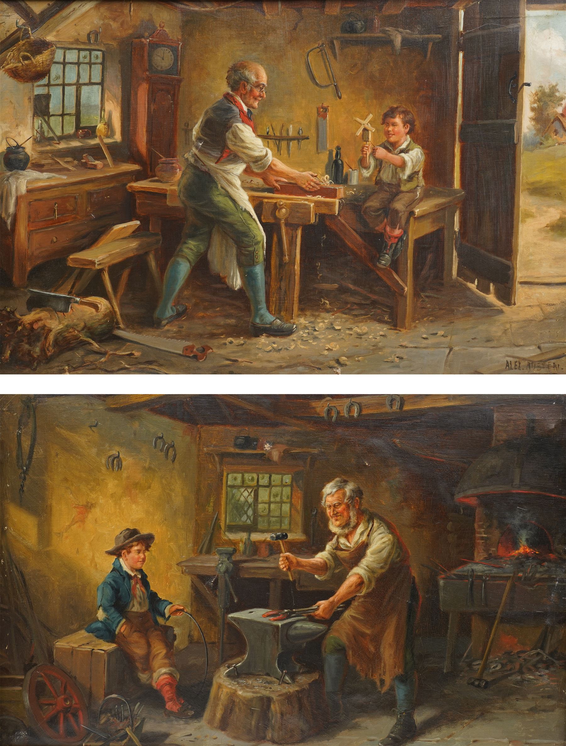 Alexander 'Alex' Austen (British 19th Century): Father and Son in a Workshop, pair oils on canvas signed 39cm x 60cm (2)