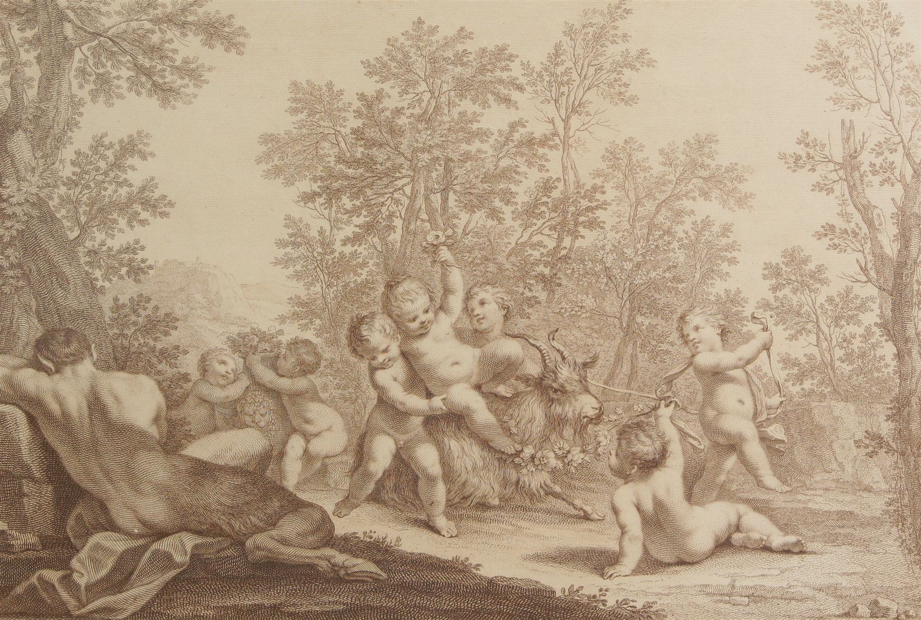 Francesco Bartolozzi (Italian 1727-1815) after Marcantonio Franceschini (Italian 1648-1729): Bacchanalia with Drunken Putti, 18th century sepia etching 27cm x 40cm