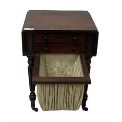 19th century mahogany drop-leaf work table, rectangular top with rounded corners, fitted with two cock-beaded drawers over pleated silk storage well, with matching opposing faux drawers, on turned and lobe moulded supports on castors