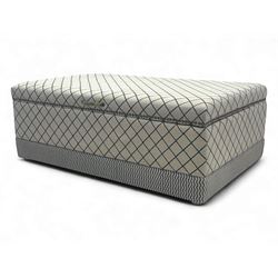 Oka - contemporary mango wood upholstered ottoman, rectangular frame with a printed cotton...