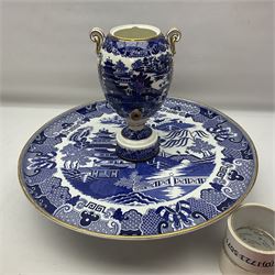 19th century Copeland blue and white printed willow pattern lazy susan,  the circular revolving tray fitted with a two handled coffee urn, D45cm