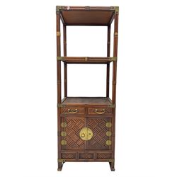 Chinese design bamboo and wood what-not or etagere, parquetry lattice-work bamboo, three tiers over two small drawers and cupboard