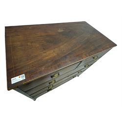 George III mahogany chest, rectangular cross banded top above two short and three long graduating cockbeaded drawers, shaped apron with splayed bracket feet