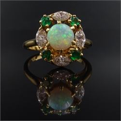  18ct gold opal, emerald and marquise diamond cluster ring  