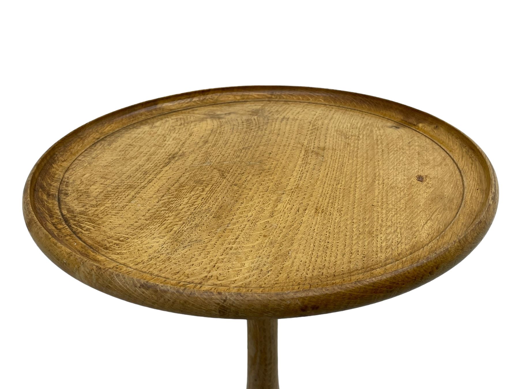 Wrenman - oak tripod wine table, circular moulded top on turned stem carved with leaves, on three shaped splayed supports, carved with wren signature, by Robert 'Bob' Hunter, Thirlby, Thirsk