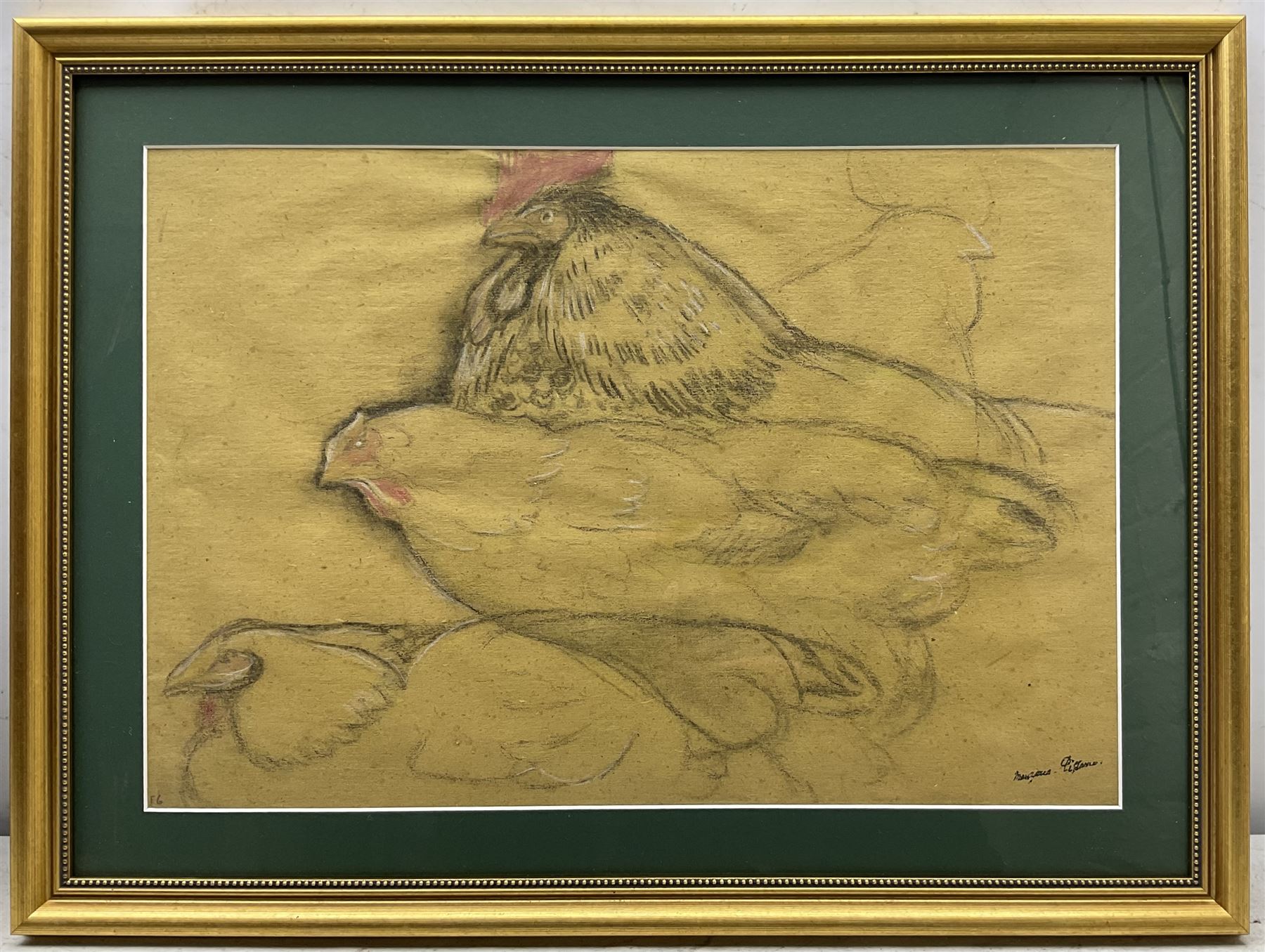 Georges Henri Manzana-Pissarro (French 1871-1961): Study of Hens, charcoal on buff paper highlighted with watercolour and crayon signed with the Artist's Stamp 33cm x 48cm