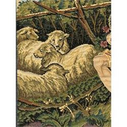 French machine woven tapestry, the scene depicting pastoral life with shepherds and sheep against a backdrop of lush foliage and classical architecture, bordered by a floral and scroll design