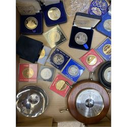 Collectables, to include various commemorative coins and medallions, small Kewswick dish, small quantity of silver plate, barometer, bed warming pan, etc., in one box