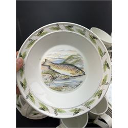 Portmeirion Complete Angler part tea and dinner service, including eleven dinner plates, five bowls, seven mugs etc together with two Royal Worcester cups and saucers