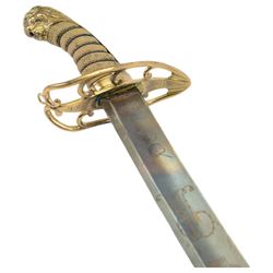 Georgian 1803 British general officer's scimitar, curving blade with traces of engraving, pierced brass hilt marked SL beneath, wire-bound fish skin grip with lion head pommel, overall L96cm